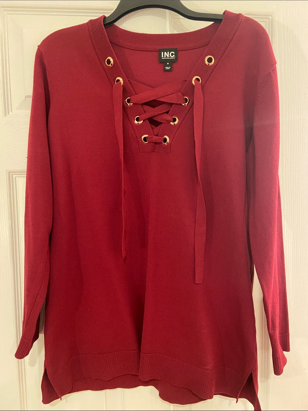 INC International Concepts Burgundy Lace-Up V-Neck Pullover
